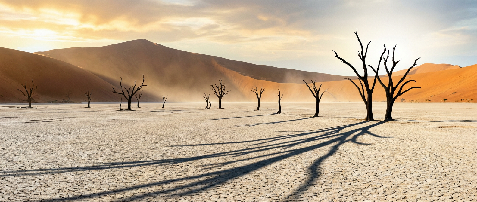 Deadvlei mit abgestorbenen Kameldornbäumen und roten Dünen