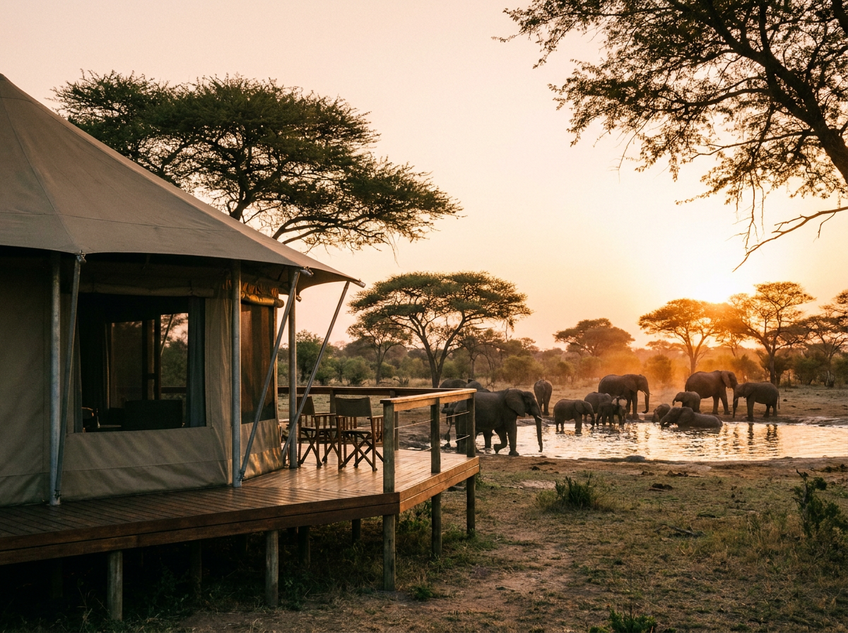 Safari-Camp mit Blick auf ein Wasserloch